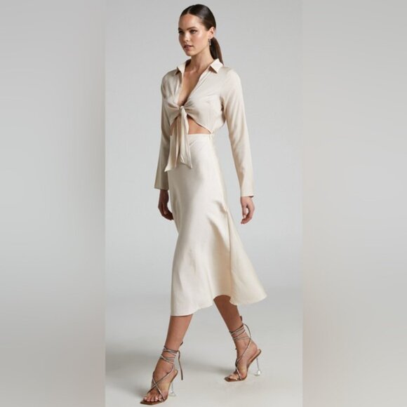 Showpo Annisa Tie Front Collared Midi Dress in Champagne - Picture 2 of 9